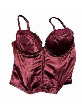 90s Y2K European Vintage Satin Embroidered Corset Bustier Top Burgundy/Wine 34C